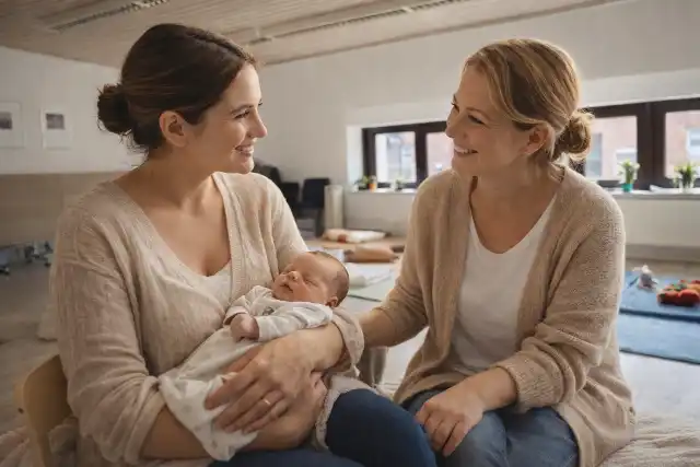 Beratung durch Hebamme mit Mutter und Baby